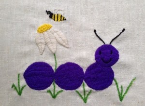 I embroidered this for an art project in 5th or 6th grade, using a variety of stitches. Our art teacher, Mrs. Rhinehart, gave me a B. (How could she give that smile a B?) A boy in my class named Alex was so incensed by the injustice of it that he grabbed it and ran into Mrs. Rhinehart’s classroom to plead my case. He wasn’t successful, but he was sweet.