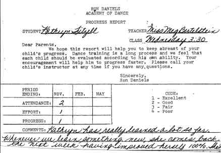 Damned with faint praise. I was not a natural tapper—couldn’t snap my head on a spin to save my life—and this progress report from Ron Daniel’s Academy of Dance seems to politely bear that out. I may have improved 100% week to week, but, really, 100% of awkward is still awkward. I was also struck by the use of the universal male pronoun in the letter to the parents. As far as I remember, there were never any boys in our classes. 