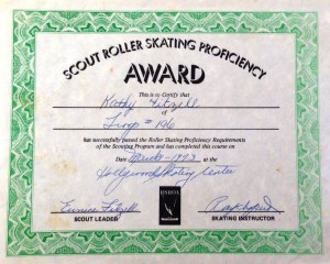 Now here’s a sport I was good at—but a roller skating proficiency award? Now that I think back, I do vaguely remember demonstrating my skills in a darkened rink with reality-distorting lighting and mind-bending music (Delta Dawn – Helen Reddy and Bad Bad Leroy Brown – Jim Croce just to name two.)  Examiner: “skate forward…Now, skate backward. You’re proficient!” 