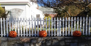 Three pumpkins greet visitors at Mystic Seaport